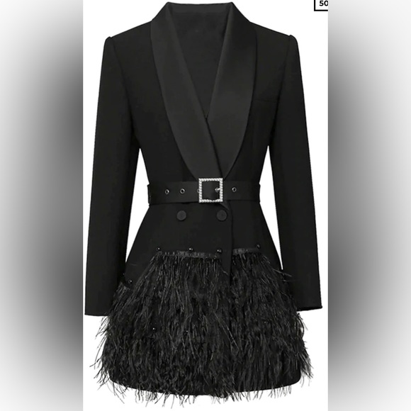 Feathers Tassel Hem Belted Blazer Dress - Picture 2 of 2
